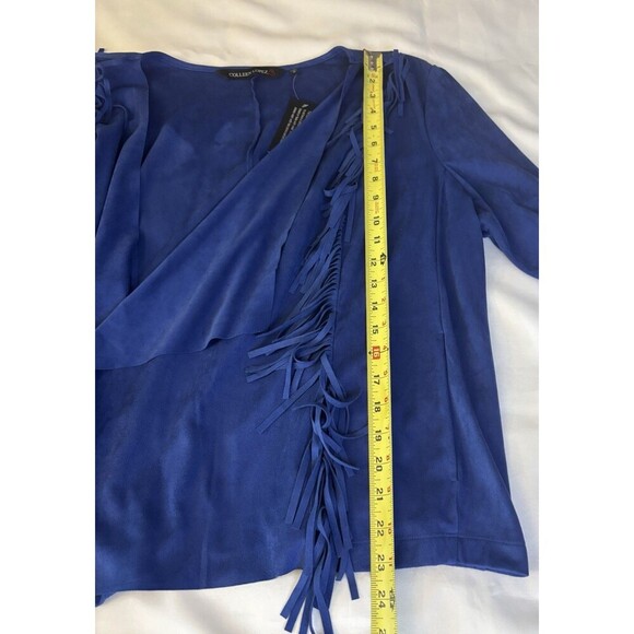 COLLEEN LOPEZ Faux Suede Fringe Open Jacket 1X Drape 3/4 Sleeve Blue Western - Picture 9 of 10